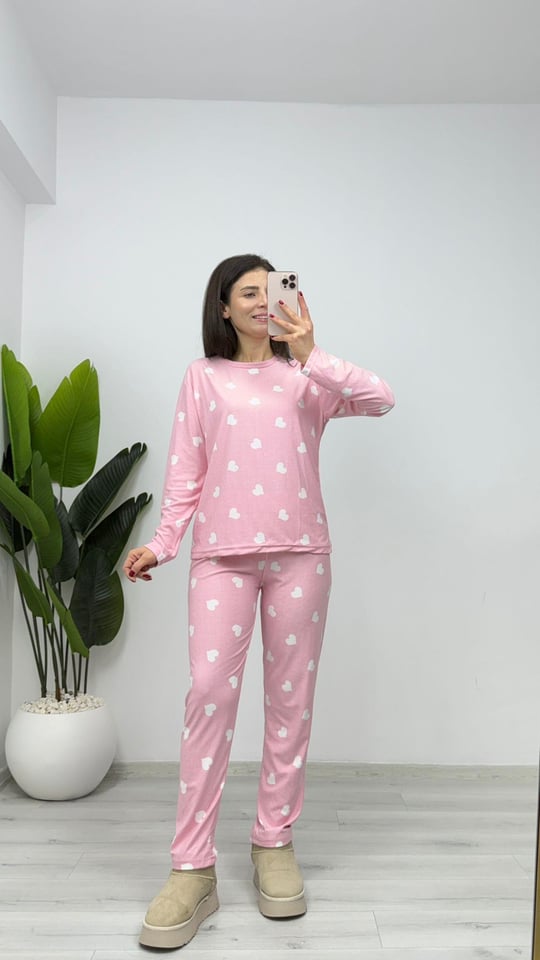 PJ14 Süet Kalpli Pijama Takımı Fit Kalıp Pembe