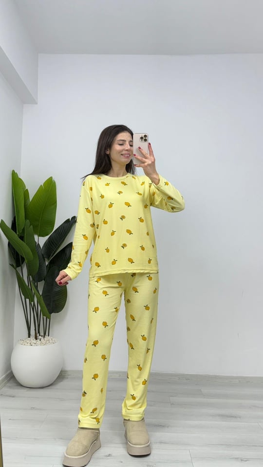 PJ14 Süet Limon Desen Pijama Takımı Fit Kalıp Sarı