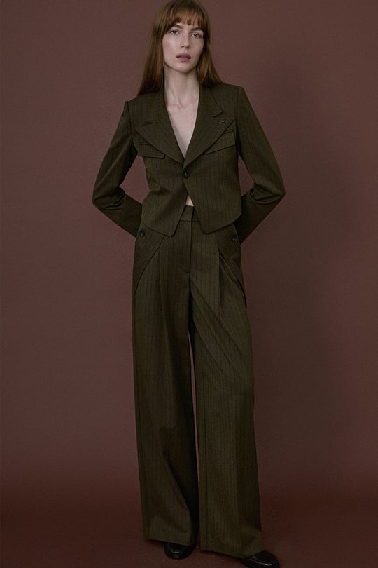 High Waist Striped Wide Leg Khaki Trousers