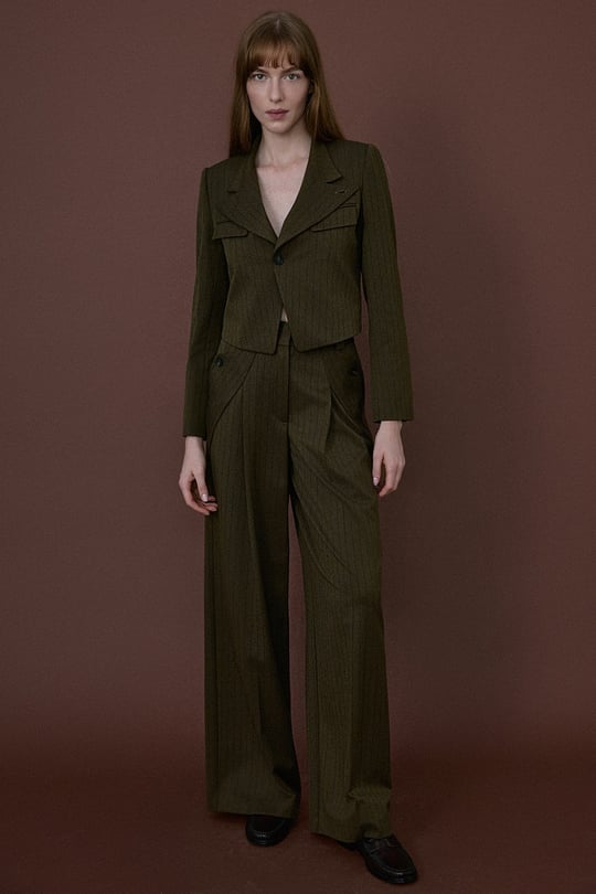 High Waist Striped Wide Leg Khaki Trousers