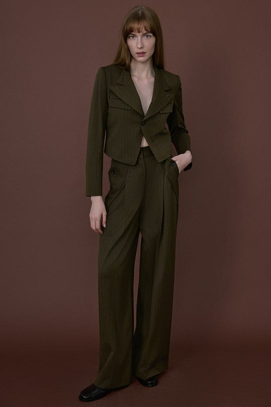 High Waist Striped Wide Leg Khaki Trousers