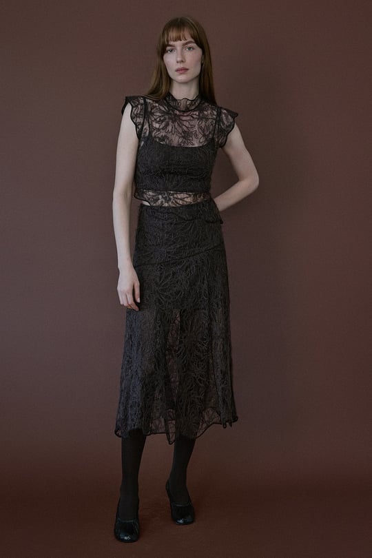 High Waist Lace Midi Brown Skirt