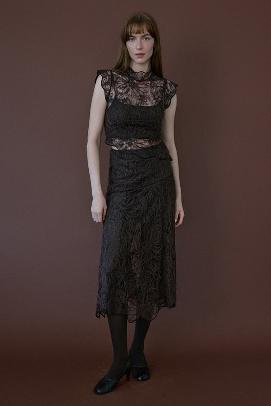 High Waist Lace Midi Brown Skirt