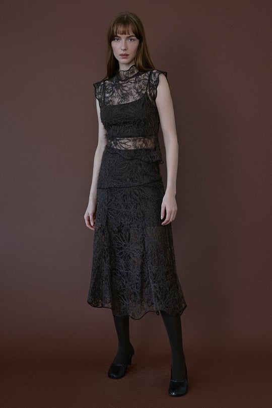 High Waist Lace Midi Brown Skirt