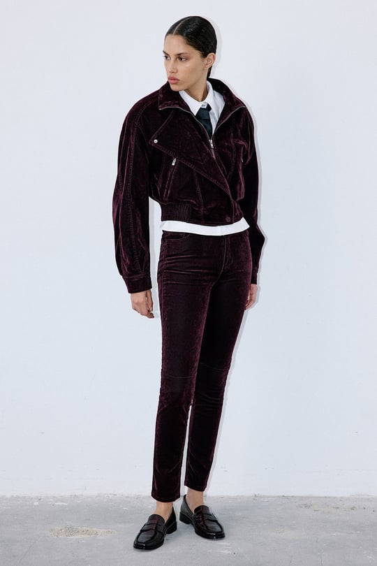 Velvet Textured Stand Collar Bomber Burgundy Coat