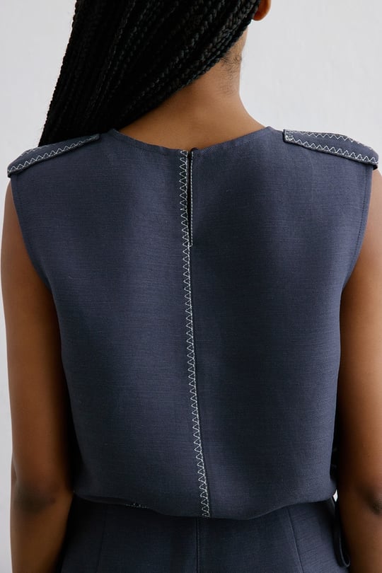 Keten Kontrast Dikişli Crop İndigo Bluz