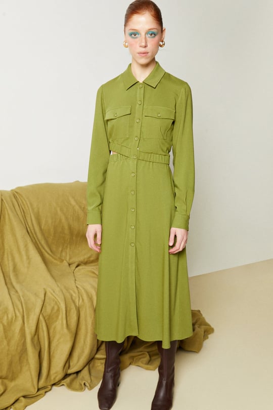 Yeşil Bel Dekolteli Gömlek Elbise Online Sipariş