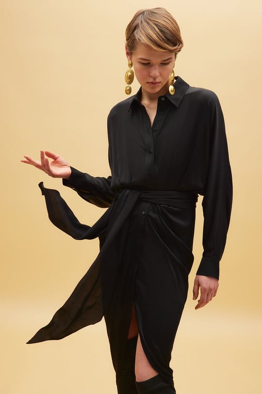 Drape Detaylı Kemerli Siyah Gömlek Elbise Online Sipariş