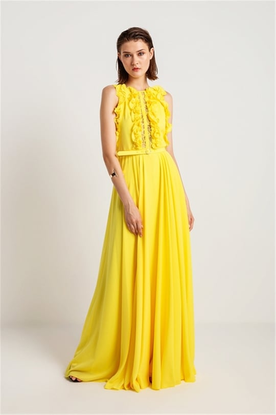 Önü Dantel Ve Volanlı Abiye Elbise Sarı Online Sipariş | Rue Les Createurs