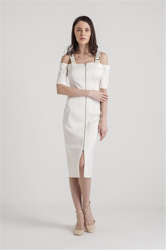 Toka Detaylı Fermuarlı Elbise Ekru | DRESSES | RUE