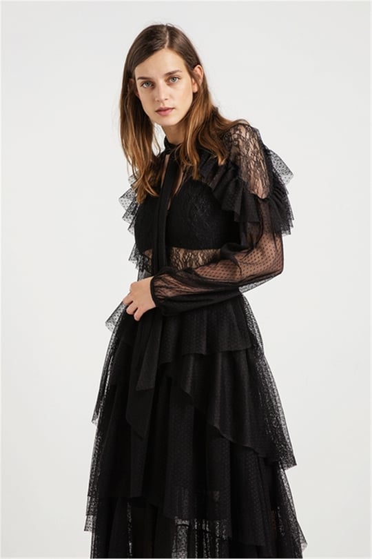 Volanlı Fransız Dantel Elbise Siyah | DRESSES | RUE