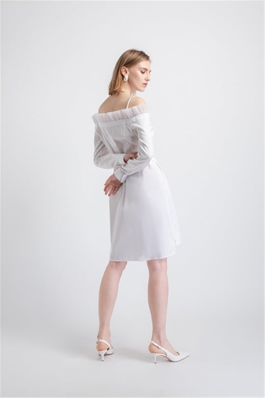Yaka Ve Omuz Tül Detaylı, Düğmeli Elbise Beyaz | ELBİSE | RUE