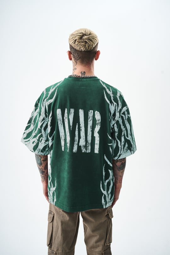 Erkek War Baskılı Yıkamalı Oversize T-Shirt Petrol | Respire