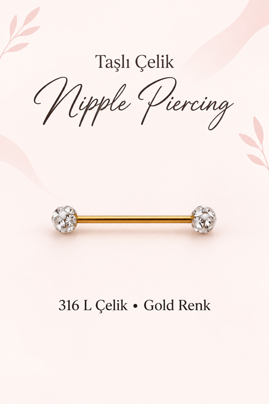 316L Çelik Kristal Taşlı Nipple ve Dil Piercing 16 mm Barbell Gold Gümüş Renk