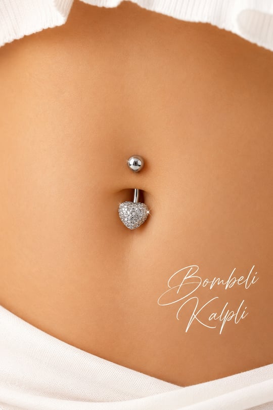 Bombeli Kalpli Zirkon Taşlı Çelik Göbek Piercing