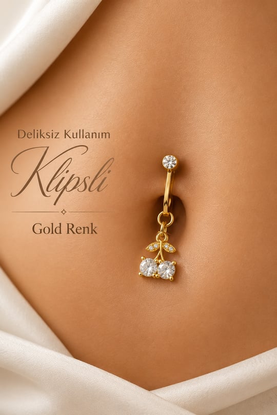 Çift Tektaş Kiraz Klipsli Göbek Piercingi Deliksiz Zirkon Taşlı Çelik