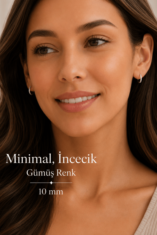 Gümüş Renk Zirkon Taşlı Minimal İnce Halka Küpe 10 mm 1 Çift
