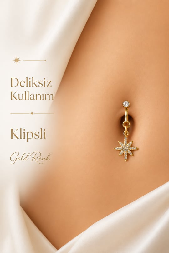 Işınlı Kuzey Yıldızı Klipsli Göbek Piercingi Deliksiz Zirkon Taşlı Çelik