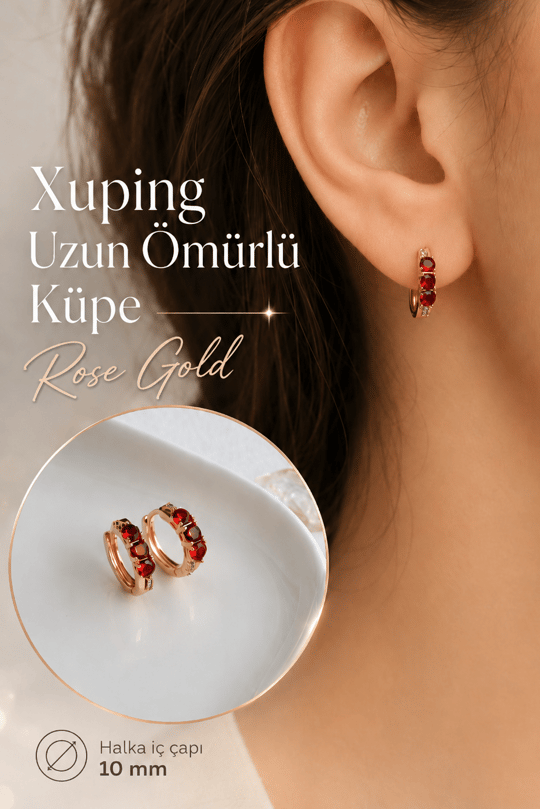 Kırmızı Zirkon Taşlı Halka Küpe Xuping Rose Gold Renk Uzun Ömürlü Küpe