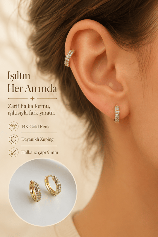 Minimal Zirkon Taşlı Halka Küpe 14K Gold Renk Xuping Küpe