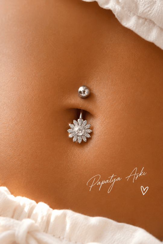 Papatya Zirkon Taşlı Çelik Göbek Piercing