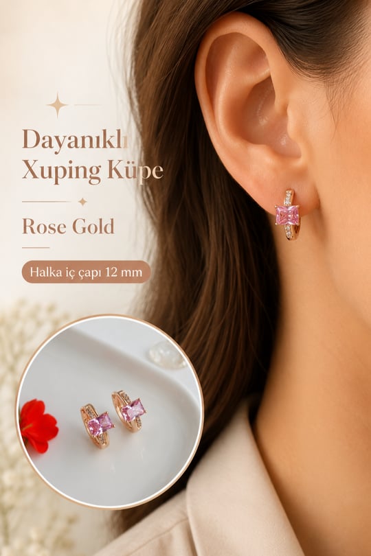 Pembe Baget Taşlı Halka Küpe Xuping Rose Gold Renk Uzun Ömürlü Küpe