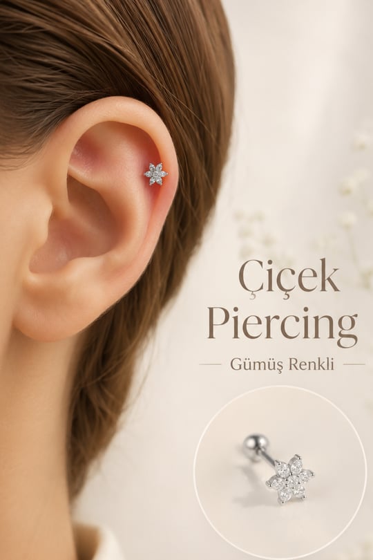 Zirkon Taşlı Çiçek Piercing Gümüş Renk Helix Kıkırdak Lob Küpesi Tek Adet