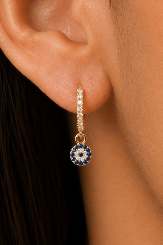 Zirkon Taşlı Nazar Charm Halka Küpe Minimal Işıltı