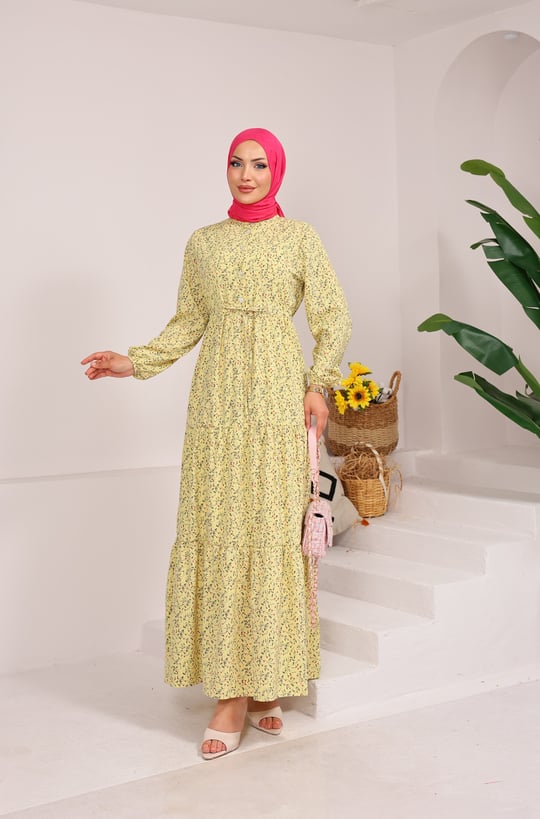 76153 ÇİÇEK DESENLİ BELDEN BAĞLAMALI VİSKON KUMAŞ ELBİSE SARI 