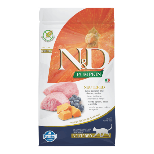 N&D Pumpkin Kuzu Etli Bal Kabaklı ve Yaban Mersinli Tahılsız Kısırlaştırılmış Kedi Maması 1,5kg