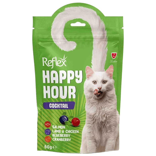 Reflex Happy Hour Cocktail Somonlu, Kuzulu, Tavuklu ve Yaban Mersinli Kedi Ödül Maması 60gr