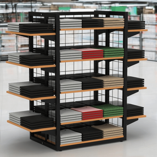 80X60 Dört Taraflı Metal Siyah Stand Bambu Raflı Ve Yan Modül Raflı Set