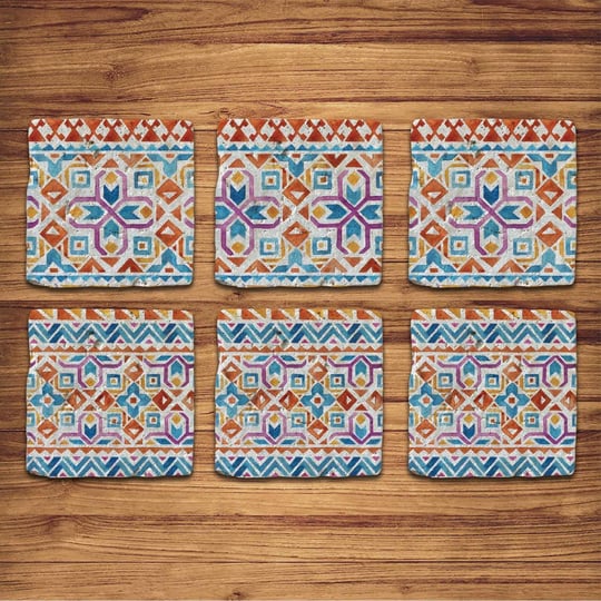 Doğal Taş Bardak Altlığı 6'lı Telli Model D (Boho Tema)