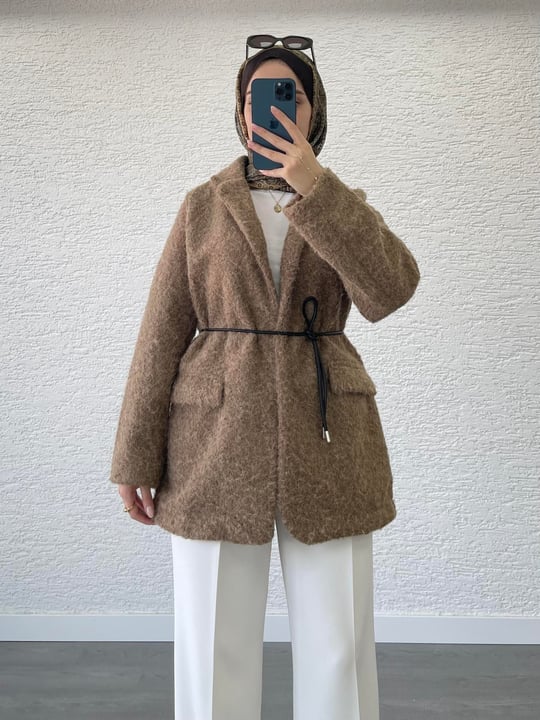 DERİ KEMERLİ KAŞE BLAZER CEKET KARAMEL