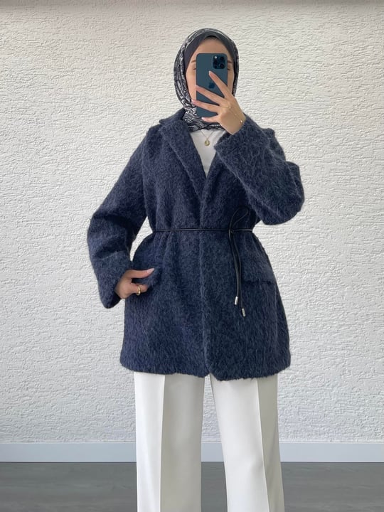 DERİ KEMERLİ KAŞE BLAZER CEKET LACİVERT