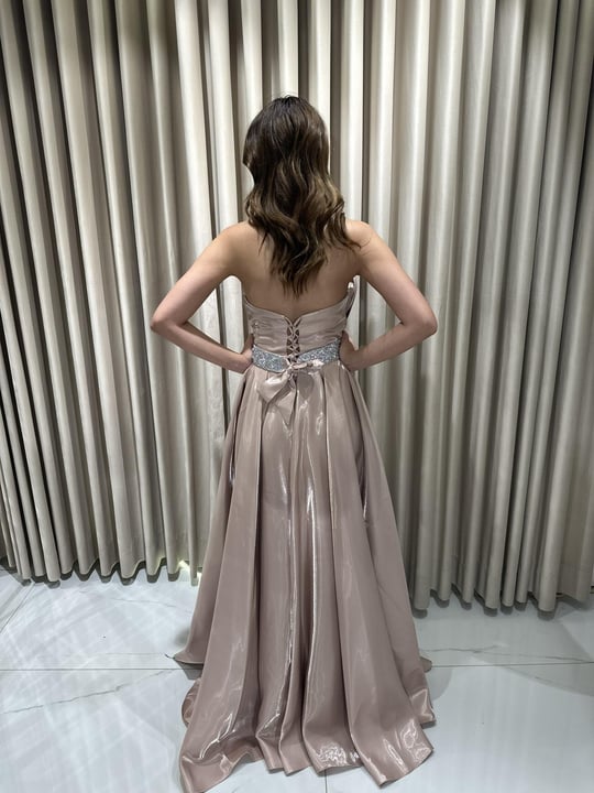 Bej Straplez Önü Taş Kemer Detaylı Prenses Model Abiye Elbise | Kaleiçi Yıldızlar