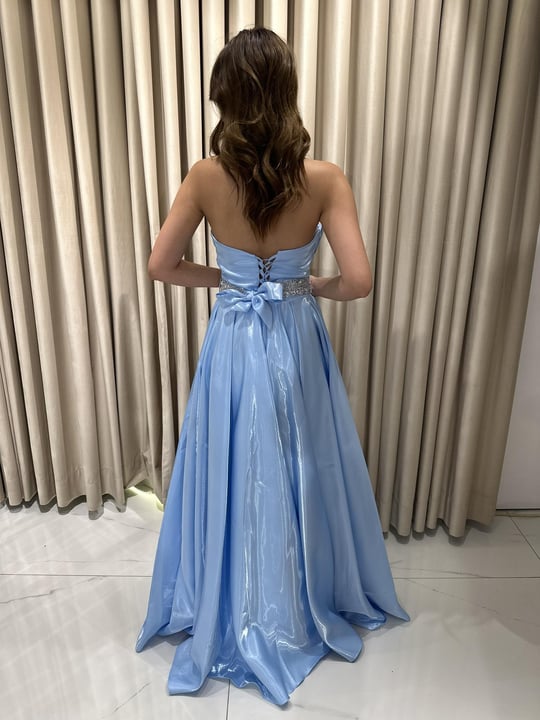 Bebe Mavi Straplez Önü Taş Kemer Detaylı Prenses Model Abiye Elbise | Kaleiçi Yıldızlar