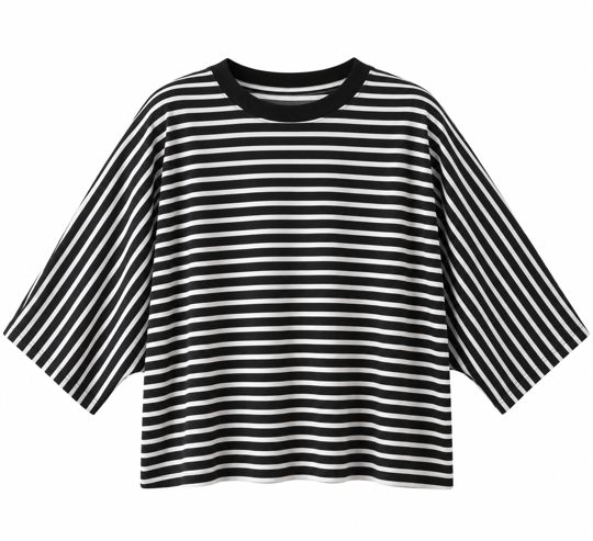 Çizgili Kahve Üç Çeyrek Kol Pamuklu Triko Tshirt