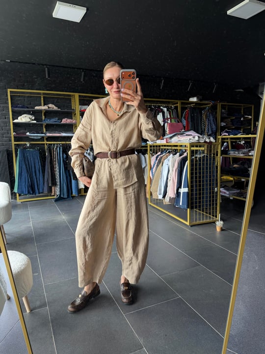 Premium Keten Kahve Krem Frankly Model Pantolon