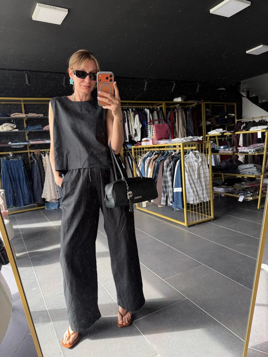 Premium Keten Siyah Bluz Pantolon Takım