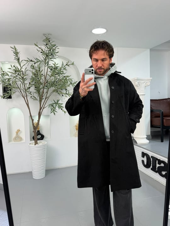Siyah GG Oversize Basic Kaşe Kaban