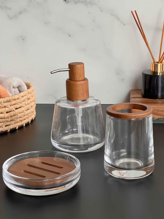 Naturel Ahşap Dokunuşlu Cam Banyo Seti 3 Parça