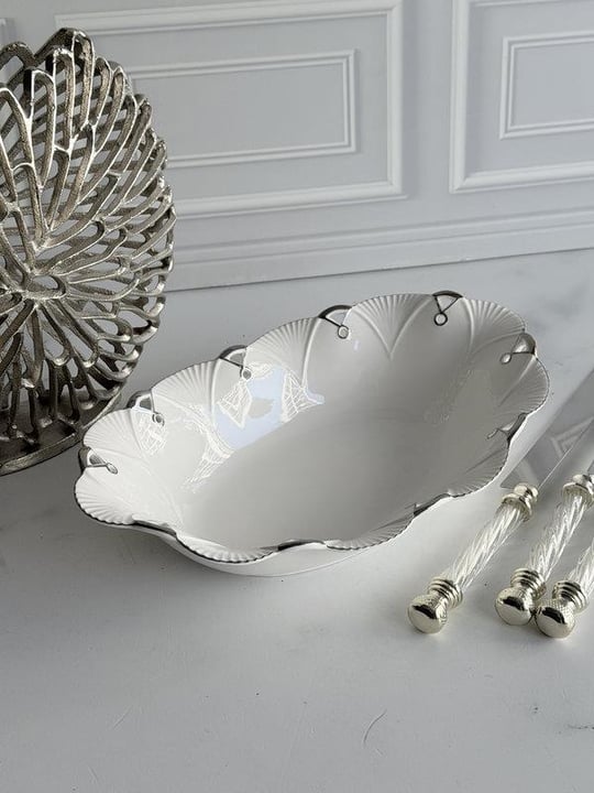 Porselen Oval Sunum Kasesi Gümüş Lucca 36x23cm