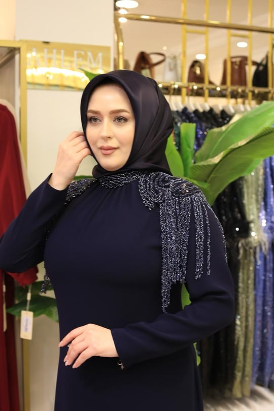 3539 KOD DÖKÜMLÜ TAŞ ELBİSE LACİVERT