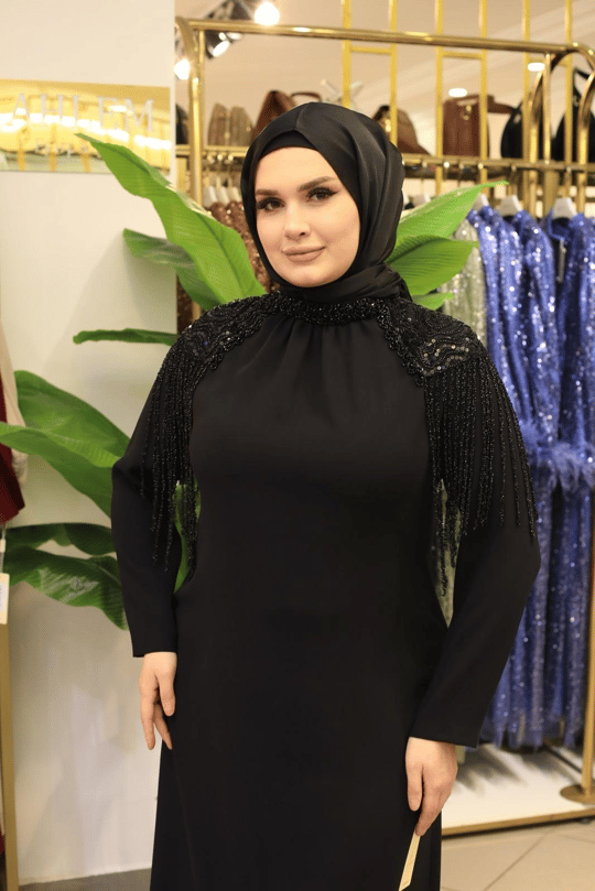 3539 KOD DÖKÜMLÜ TAŞ ELBİSE SİYAH