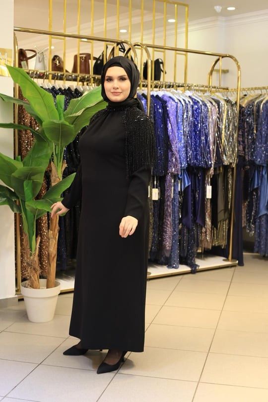 3539 KOD DÖKÜMLÜ TAŞ ELBİSE SİYAH