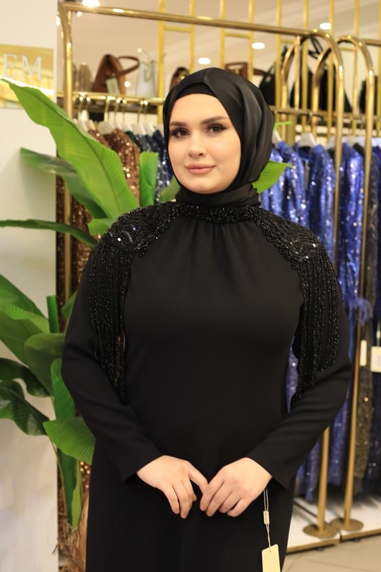 3539 KOD DÖKÜMLÜ TAŞ ELBİSE SİYAH