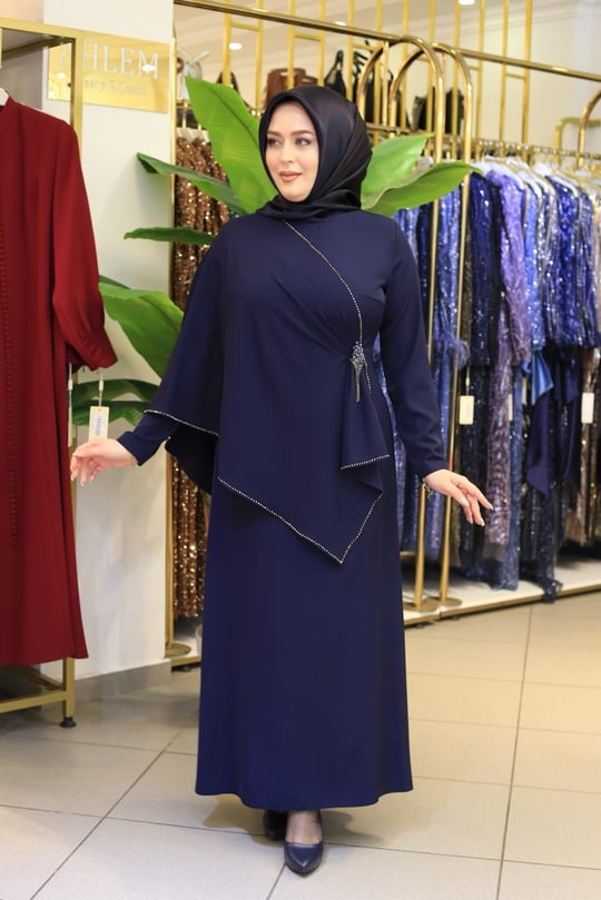 3554 KOD ŞİFON PELERİNLİ ELBİSE LACİVERT