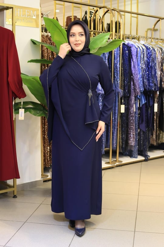 3554 KOD ŞİFON PELERİNLİ ELBİSE LACİVERT