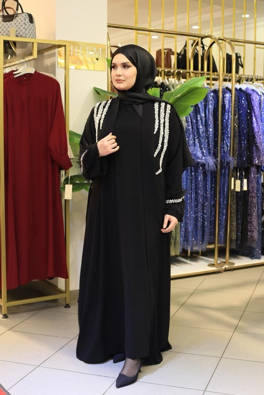 4200 KOD KOLLARI TÜYLÜ ABAYA TAKIM SİYAH